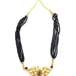 Women's Jewellery Gold Plated Mangalsutra Necklace 14-inch Length Chain Golden Nath Pendant Enamal Work Pearls Traditional Black Beads 6 Line Multilayer Short Mangalsutra for Girls-image-53