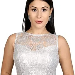 neckbook Women's Floral Net High Neck Sleeveless Readymade Saree Blouse (Silver, 40)-picture-17