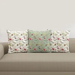 Trance Home Linen 100% Cotton Printed 24x24 inch Cushion Covers for Sofa and Diwan | Throw Pillow/Small Cushion Pillow Covers – (24x24 inch | 60cmx60cm, Calicut White Green)– Set of 3-image-1