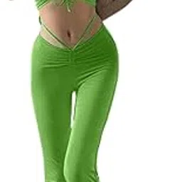 quecy Women's Polyester Slim Fit Sexy Solid Spaghetti Strap Lace Up Pant Outfits Set of 2 (Green,M)-picture-29