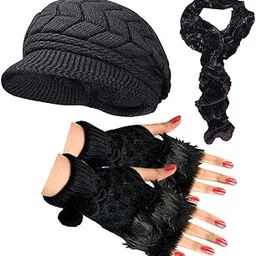 Women's combo of Winter Warm Knit Hat Wool Snow Ski Caps With Stylish Fingre Cut fur faux Hand Gloves and faux fur muffler (Black, Free Size)-image-1