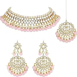 peora 18K Gold Plated Kundan Pearl Choker Necklace Earring Mang Tikka Traditional Jewellery Set for Women Wedding-picture-15