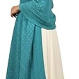 Woollen Shawl for Women, Teal Blue, Knitted Pattern Design with Fringe Border-image-0