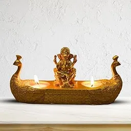 ANITRAD COLLECTIONS Ganesha Tea Light Candle Holder with Peacock Design | Resin Idol for Diwali, Pooja & Home Decor | Includes 2 Tealight Candles | Festive & Spiritual Gift Item | 15 cm-picture-13