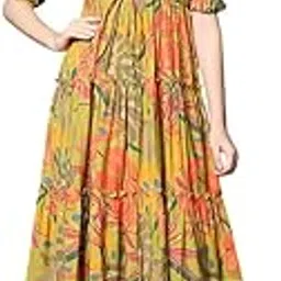 jigman clothing Floral Print Tiered Midi Dress, Puff Sleeves, V-Neck, Yellow and Orange-picture-37