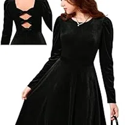 elizy Women Plain Back Neck Design Full Sleeves Knee Length Velvet Dress-picture-52