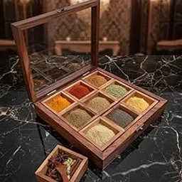 Iron and wood master Sheesham Wooden Spice Box with Spoon (Non Removable Partitions, 50 ml, Brown) |Spice Box Wooden Namak Dani-picture-26