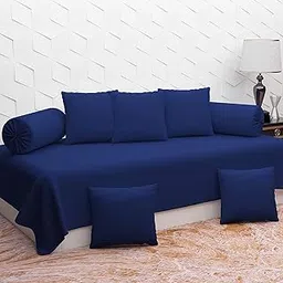 BEVI 100% Glace Cotton Solid Printed Living Room Hall 8 Pieces Diwan Set Diwan Set with Single bedsheet, 5 Cushion Cover & 2 Bolster Cover (Navy)-picture-17
