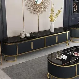 Vandana Interiors Modern 78.7" Black TV Stand Faux Marble Top 4-Door 2-Shelf Media Console Gold Finish in Small-image-33