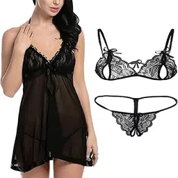Combo Offer! Women Solid midi Nightwear and Lace Bra Panty Lingerie Set Black-picture-22