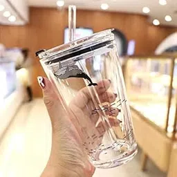 Manekk World Cartoon Printed Dolphin Milk Glass Sipper Tumbler Mug for Children Creative Transparent Glass Cup with Lid & Soft Silicone Straw Ideal for Milk, Juice, Coffee, Green Tea etc. (Pack of 1)-picture-54