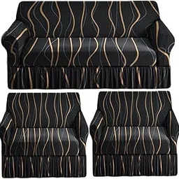 FASSCETE Sofa Cover 5 Seater Fully Covered Universal Polycotton Spandex Sofa Cover with Frill Non-Slip Sticky Elastic Stretchable Sofa Set Slipcover for Five Seater (3+1+1 Seater) (Lines-Black) image 1