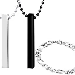 thrillz Silver Chain For Men Bar Pendant Stick Men's Locket Pendant Stainless Steel Silver Bracelet For Men Boys Stylish Chains Jewellery Set Combo of 3-picture-10