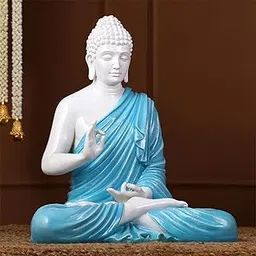 Resin Meditating Buddha Showpiece | Home Decor |Decor Items for Home and Office| Idol Statue Figurine Murti | Tibetan Buddhist Statue - 12" Inches Height - Big Size (Yellow+Sky Blue)-image-7
