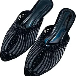 Women's Traditional Pointed Toe Mules, Black Mesh Pattern Jutti Mojari Slip-On Flats with Cutout Design, Casual Ethnic Footwear-picture-36