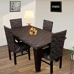 ELEGANTA Printed Table Cover with Chair Covers with Matching Elastic Table Cover | Set of 4 | Stretchable Polyester Spandex & Seat Case Protector | 1 Table Cover + 4 Chair Covers (Brown Leaf) image 1