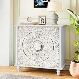Goldview Furniture Solid Wood Accent Cabinet with 2 Doors – Decorative Carved Flower Pattern Sideboard Buffet for Living Room, Entryway, Kitchen & Dining Room, White (White)-image-98