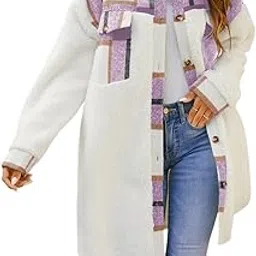 fshaoes Womens 2023 Winter Coats Fuzzy Fleece Long Jackets Plaid Shacket Button Down Shirts Lightweight Outwear Cardigan-picture-43