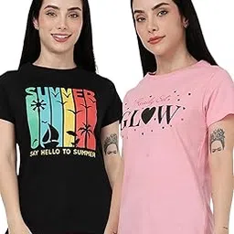 Women Pack of 2 Pure Cotton Half Sleeve Round Neck Printed T-Shirt – Regular Fit Lounge Wear Top for Comfortable Everyday Casual Outfits-image-6