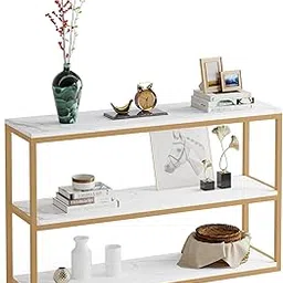 LITTLE TREE Modern Entryway Hallway Accent Console Table TV Stand with Faux Marble Veneer, White+Gold-picture-19