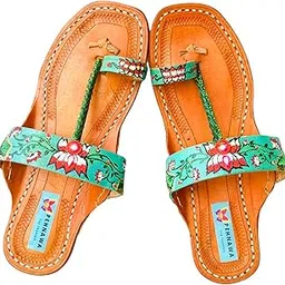 pehnawacraft Kumudini Original Kolhapuri ethnic flats for Women | Leather fancy kollapur chappal | Stylish ladies Bohemian sandal | Traditional kolapuri footwear | colapuri for girls | Blue color | Pichwai Art-picture-41