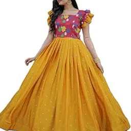 Yellow Maslin & Chinon Designer Gown with Embroidery – Elegant Ready-to-Wear Women’s Dress image 1