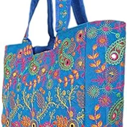 craft trade Tote Bags for Women Big Size Stylish Rajasthani Embriodery Mirror Work Ethnic Cotton Boho Handbag with Zipper Closure Shoulder Bags for Girls - 46x30 Cm image 1