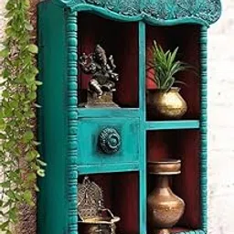 J.L.HOME DECOR Vintage Blue Hand Carved Wooden Wall Shelf Cabinet-picture-18