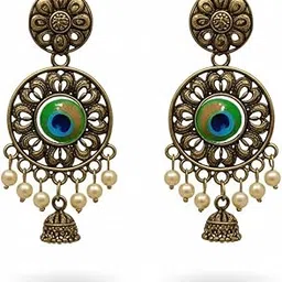 Traditional Brass Jhumka Earrings with Pearl Beads, Peacock Eye Design, Golden, 3.5 cm-picture-45