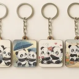 Cute Panda Couple Keychain Set, 4 Romantic Designs, Metal Chain with Illustrated Cards-picture-53