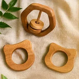 babycov Neem Wood Teethers for Babies | Natural and Organic | Wooden Baby Teether | Helps in Teething | for Infants 3+ Months | (Bear + Cat + Hexagon Rattle)-picture-18