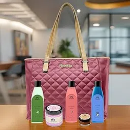 Rosetta Premium Skincare Gift Combo with Tote Bag – Shower Gel, Aloe Vera Lotion, Red Wine Face Gel, Rose Bath Salt, Cocoa Lip Balm – 5-in-1 Pampering Set for Women –Wine Red-image-1