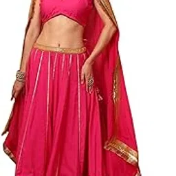 mahukaa Traditional Fuchsia Pink Lehenga Choli Set with Gold Border, Ready to Wear, 3-Piece-picture-11