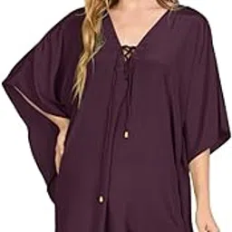 Solid Color Designer Neck Short Beach Kaftan Caftan Cover up One Size Fits Most-picture-18