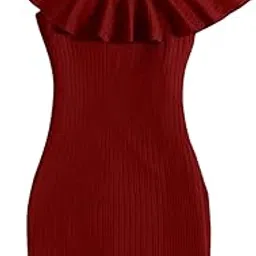 Girl's One Shoulder Bodycon Dress for Kids, Baby Girl Bodycon Polyester One Piece Neck Ruffle Trim Rib-Knit Dress-picture-20