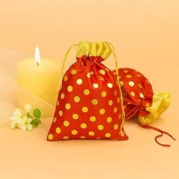 Lushure Large Polka Dot Potli Bag Pack of 10 20 50 Pcs for Gifting – Artificial Silk Outer & Linen Inner – Drawstring Wedding Favor Pouch for Return Gifts, Jewelry, Festivals - 18X18CM (Red, Pack of 10 Pcs)-picture-43