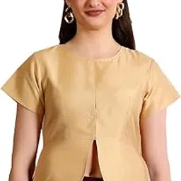 fr frolic rolic Frolic Rolic Solid Beige Silk Blend Round Neck Short Sleeves Blouse-picture-24