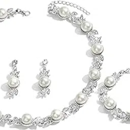 Silver Plated Crystal & Pearl Studded Stylish Necklace Drop Earrings with Bracelet Set Fashion Jewellery for Women-image-31
