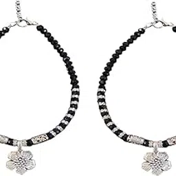 Black Crystal Beaded Anklet with Silver Flower Pendant, Traditional Style for Women & Girls Pack of 1 Pair-image-77