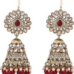 i jewels Gold Plated Traditional Kundan & Pearl Jhumka Earrings With Attachable Ear Chain For Women image 1