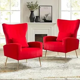 SOFALIZE - Modern, High Back Chair, Velvet Wingback Armchair Set of 2, Padded Seat Chair for Living Room, Bedroom, Guest Room, Office. (Red)-image-7