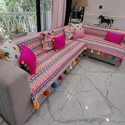 Rainbow Aztech Tassel Sofa Cover: Anti-Slip, Heavyduty Fabric, Scratch & Shrink Resistant, Machine Washable Seat Protection -Set of 2 Seat Covers- L Shape Sectional (3 Seater + 2 Seater Lounger) image 1