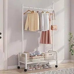 ADA High-Density Metal Cloth Rail, Multipurpose Cloth Garment Stand Organizer With Wheels, Bottom Shelve & 5 Side Hooks For Home - Size - (89 x 34 x 172) cm - White-picture-47