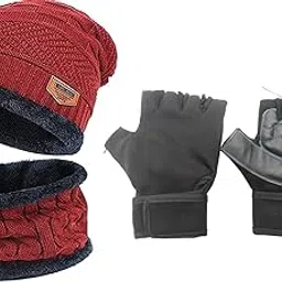 QUARK Winter Fashionable | Stylish | Trendng | Use in Daily Routine/Travel/Walking/Running/Dancing/Skating/Cycling | Woolen | Beanie Cap | Neck Warmer with Winter Gloves Set For Unisex-picture-16