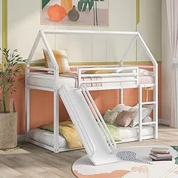 Twin Over Twin Metal Bunk Bed for Adults | Bunk Bed with Slide | Modern Over Bed Frame with Ladder for Kids Bedroom (White)-picture-14