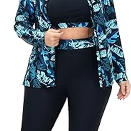 hanna nikole Women 3 Pieces Plus Size Rash Guard Swimwear Sun Protection Surfing Bathing Suits Long Sleeve Swimsuits, Blue Leaf, 16 Plus-picture-17