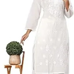 pesas Women's Chikan Computer Embroidery White Pure Cotton Straight Kurta-picture-13