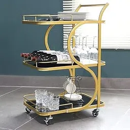 EASY CRAFTS 3-Tier Bar Cart with Wheels, Black Metal Rolling Serving Trolley, Kitchen Storage Utility Cart for Home, Restaurant (Gold Black)-picture-14