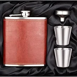 Leather Wrapped Stainless Steel Hip Flask 8 Oz (230 Ml) for Men Women - Liquor Or Wine Whiskey Alcohol Beverages Pocket Holder with Two Shot Glasses and Funnel Bar Set Gift Box - Brown-image-92