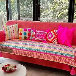 Rainbow Aztech with Multicoloured Corner Tassels Cover for Large Three Seater Sofa- Scratch-Resistant- Seat Protection Only -Fits Extra Large XL 3 Seater Sofa Seat- 1 Piece, Diwali Home Decor-picture-20